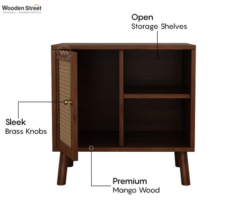 Carmello Mango Wood Bedside Table with Cane Detailing & Open Shelves (Teak Finish)