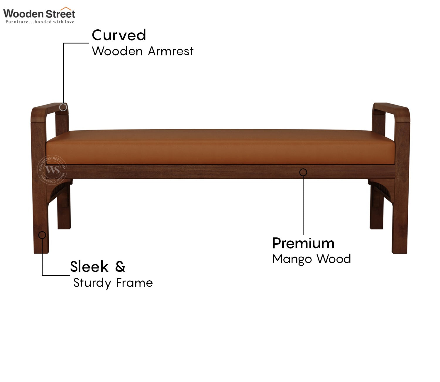 Elle Mango Wood Upholstered Bench with Ginger Bread Leatherette (Teak Finish)