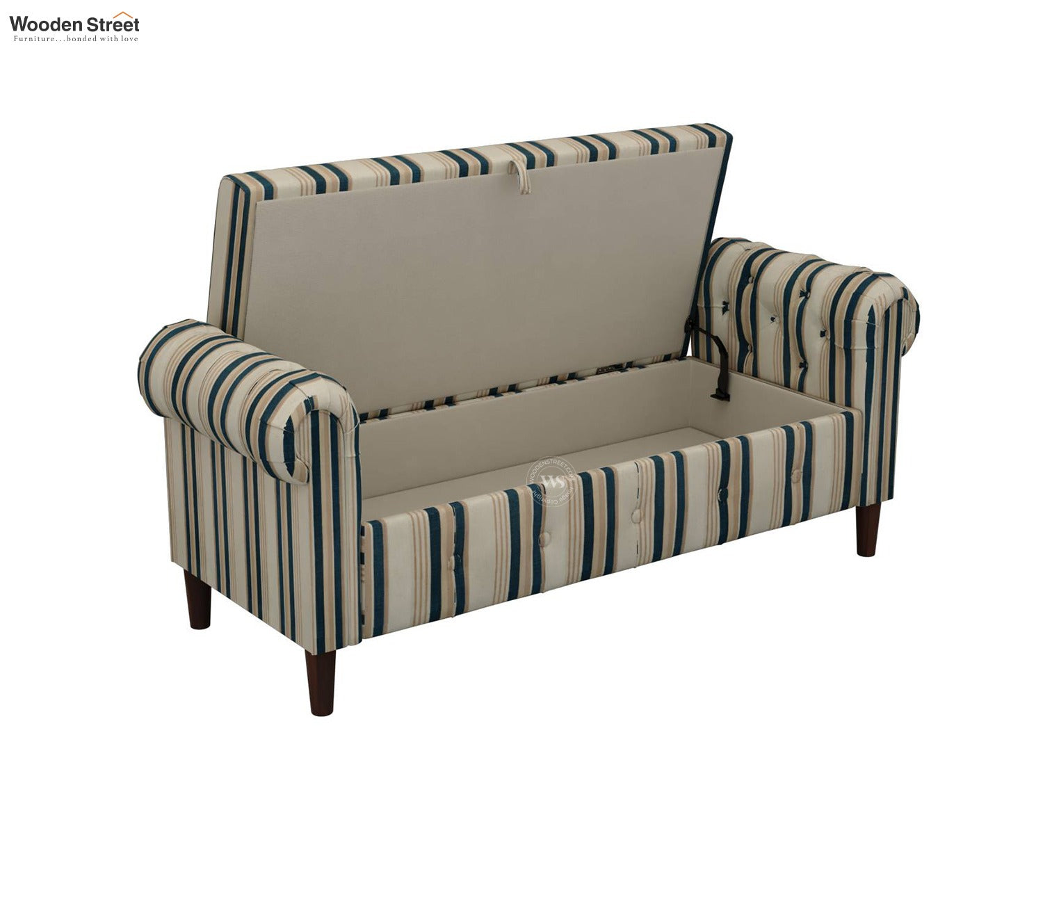 Velo Cushioned Hand Carved Sofa Bench With Hidden Storage (Blue Strip)