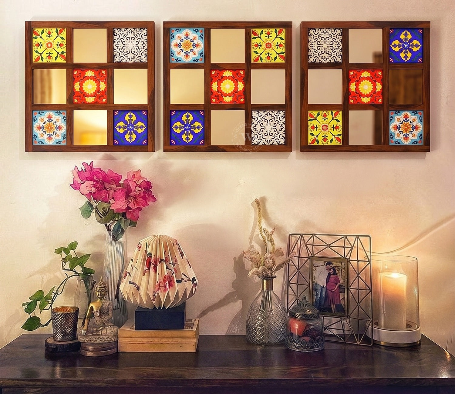 Bohemian Set of 3 Mirror with Frame (Walnut Finish)