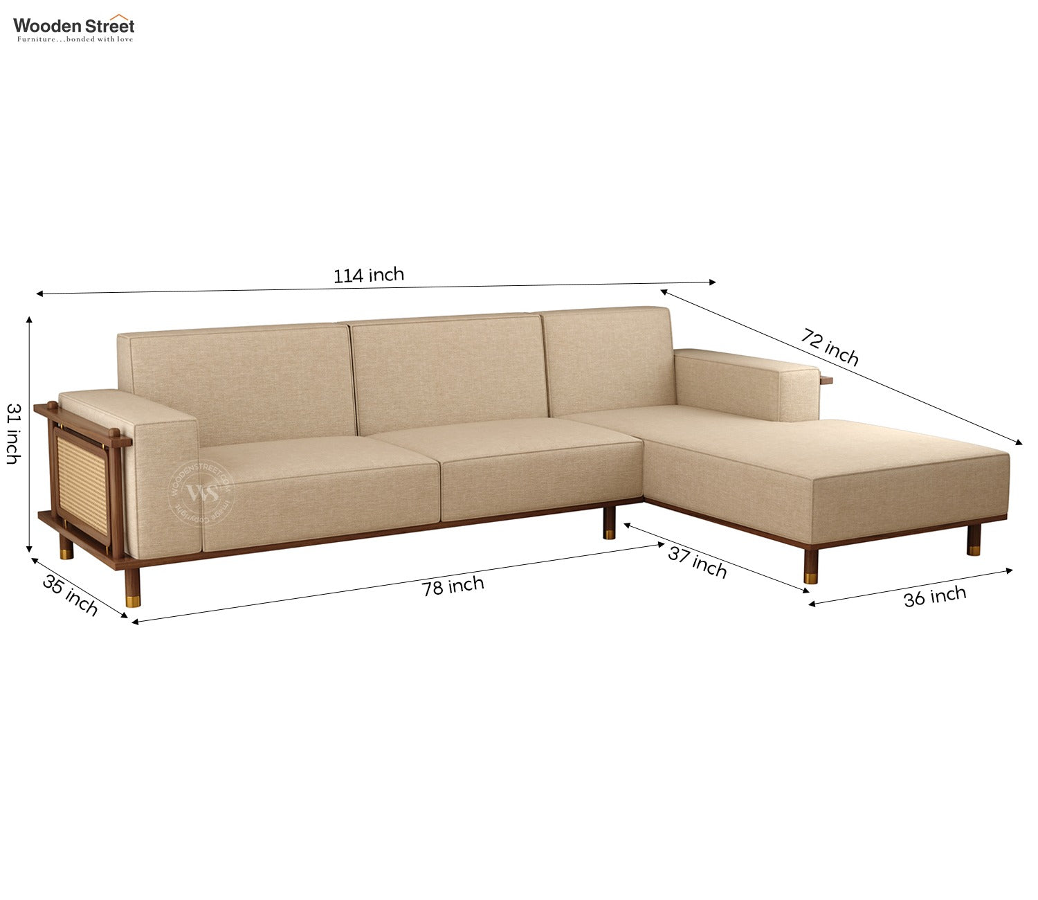 Saket Ash Wood L Shape Right Align Sofa with Cane And Brass Accents (Sand Beige)