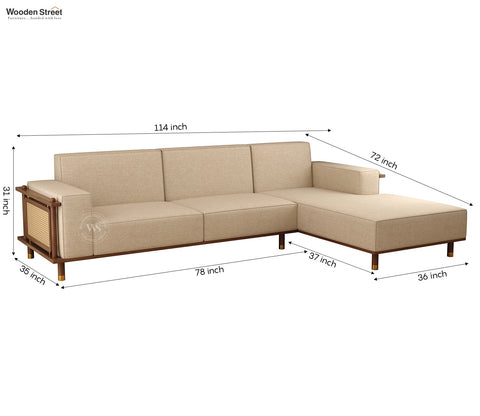 Saket Ash Wood L Shape Right Align Sofa with Cane And Brass Accents (Sand Beige)