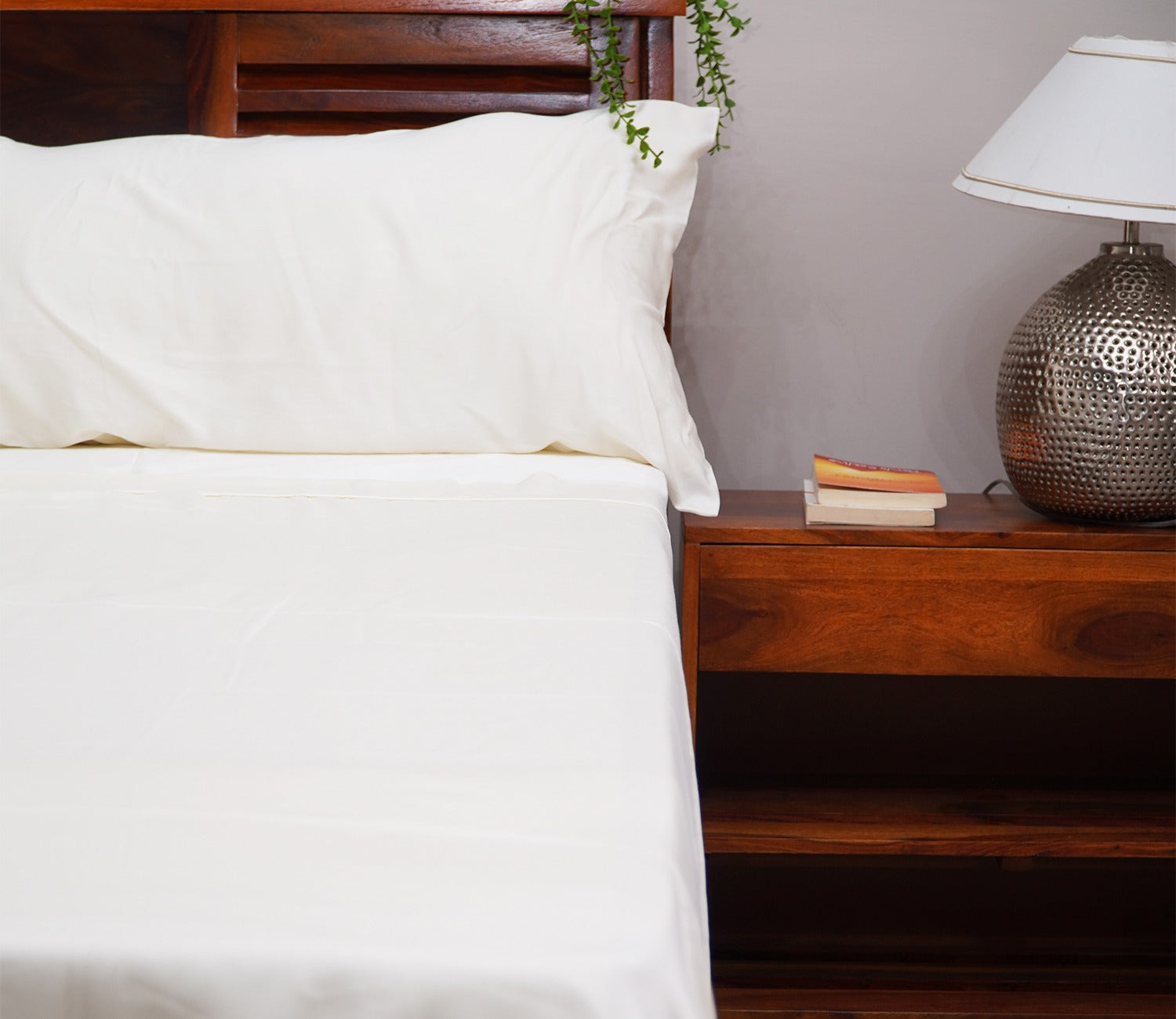 Vegan Bamboo Silk Bedsheet 300 TC Naturally Anti-Bacterial Fitted King Bedsheet with 2 Pillow Cover (Ivory)