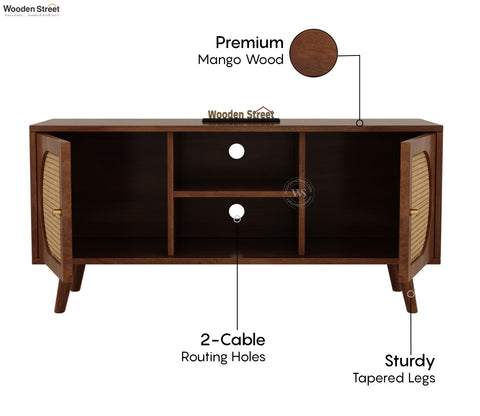 Astorio Premium Solid Wood TV Unit With Cane Door Cabinets & Open Shelves (Mango Wood, Honey Finish)