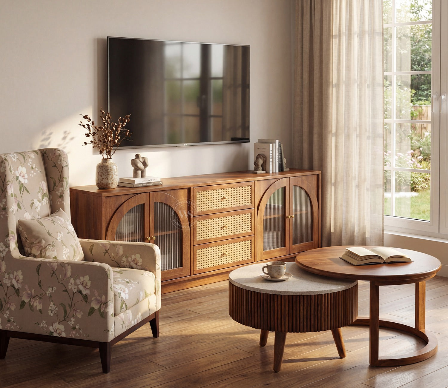 Windsor Premium Mango Wood TV Unit with Fluted Glass Panel Door Cabinets, Cane Detailing (Teak Finish)