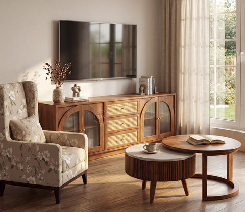 Windsor Premium Mango Wood TV Unit with Fluted Glass Panel Door Cabinets, Cane Detailing (Teak Finish)