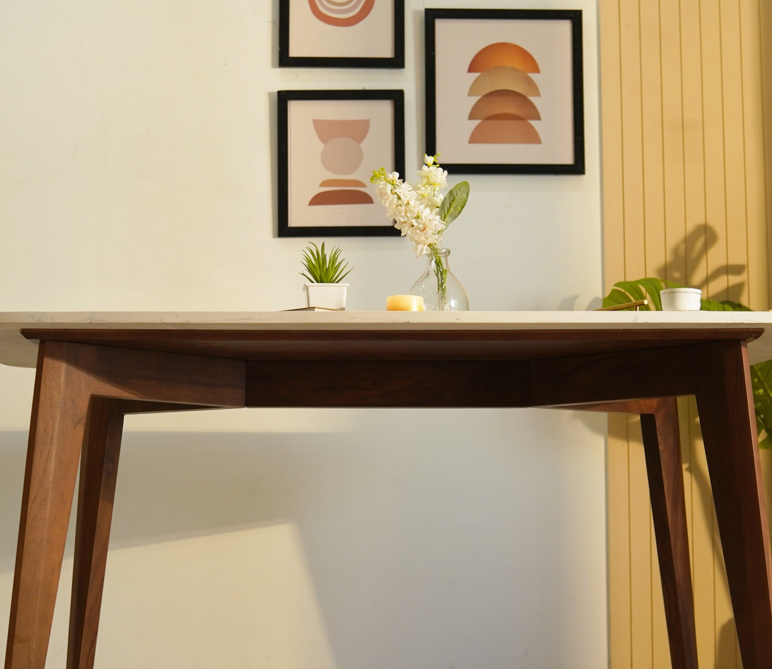 Valence 6 Seater Sheesham Wood Dining Table with Quartz Top (Teak Finish)