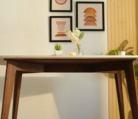 Valence 6 Seater Sheesham Wood Dining Table with Quartz Top (Teak Finish)