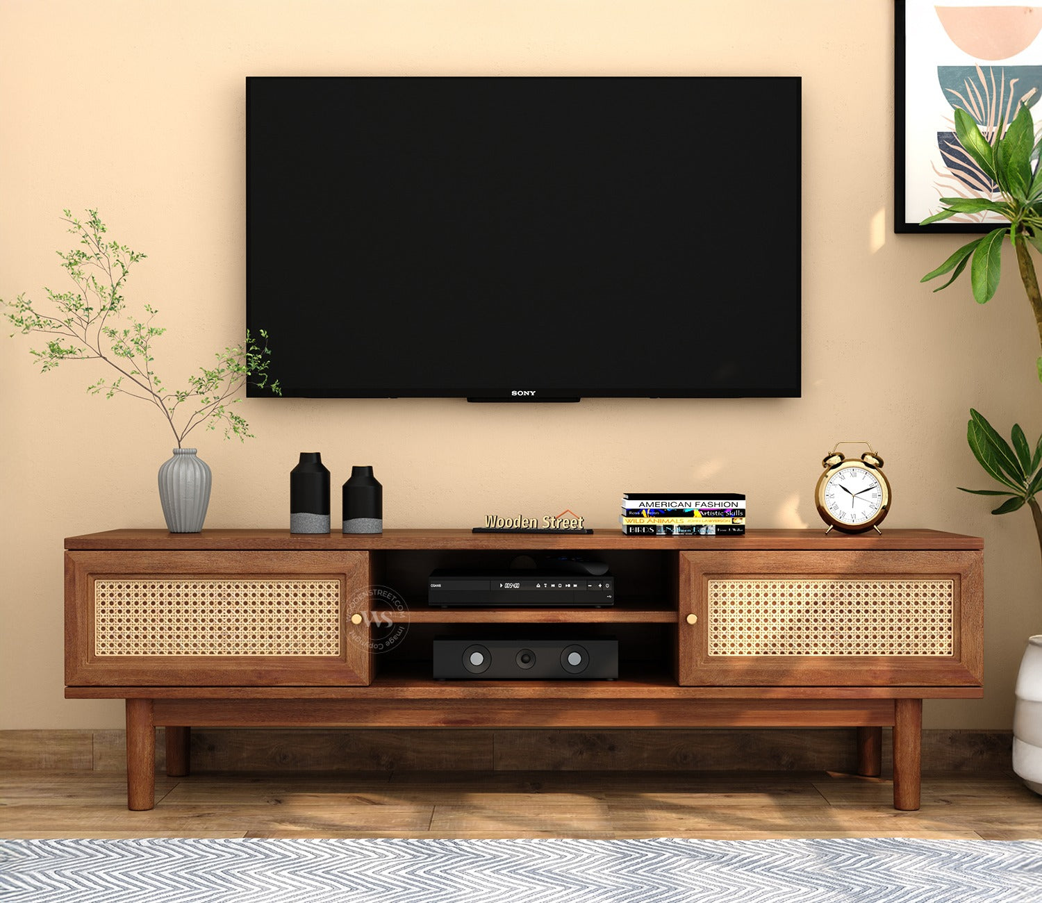 Caneva Premium Solid Wood TV Unit With Door Cabinets (Mango Wood, Teak Finish)