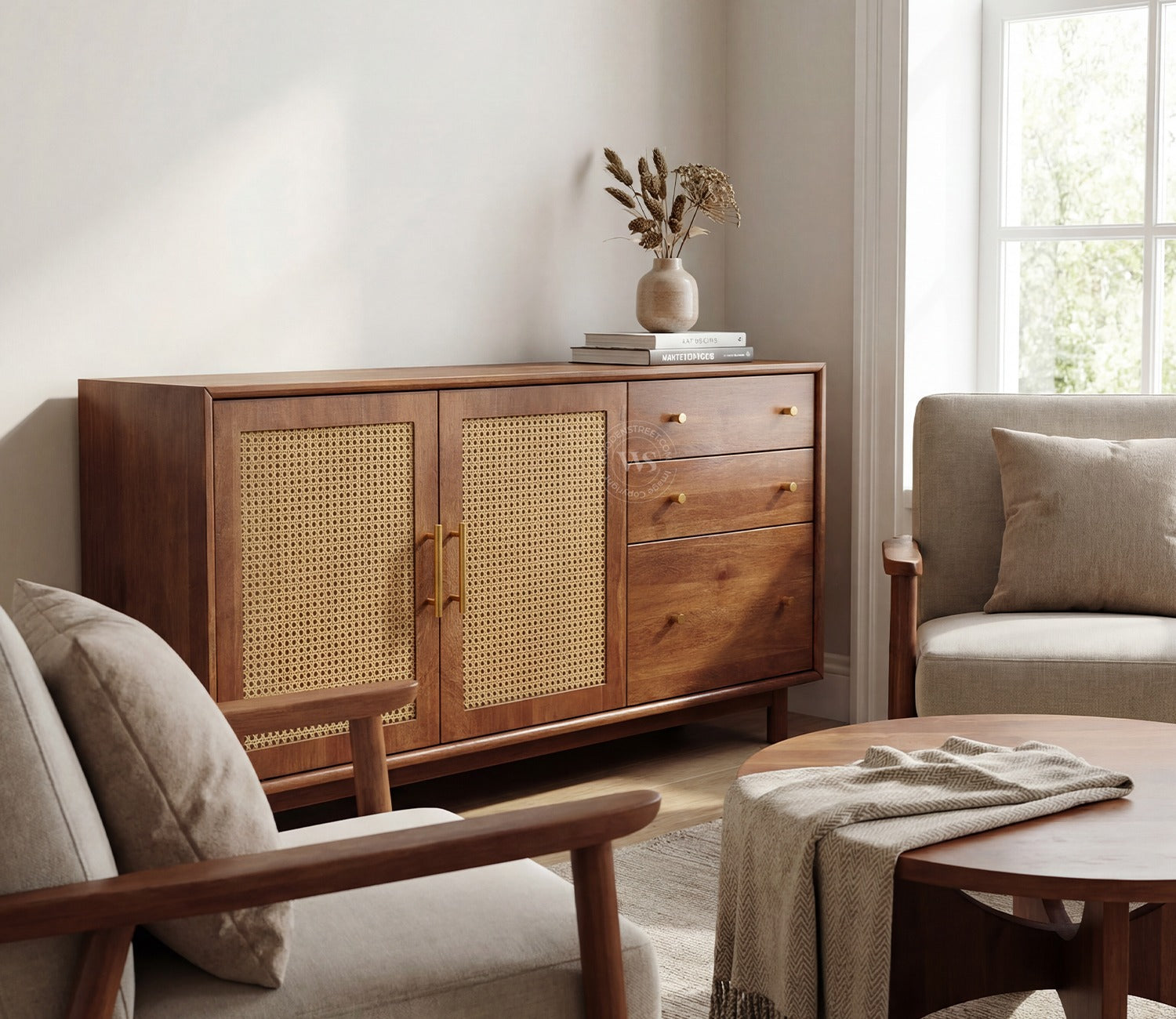 Tanay Mango Wood Sideboard with Cane Accents (Teak Finish)
