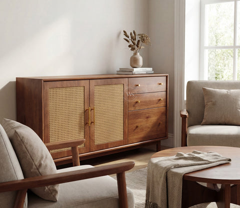 Tanay Mango Wood Sideboard with Cane Accents (Teak Finish)