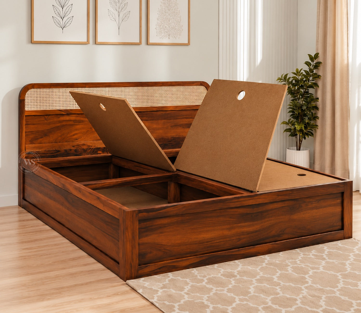 Balikos Sheesham Wood Box Storage Bed (King Size, Teak Finish)