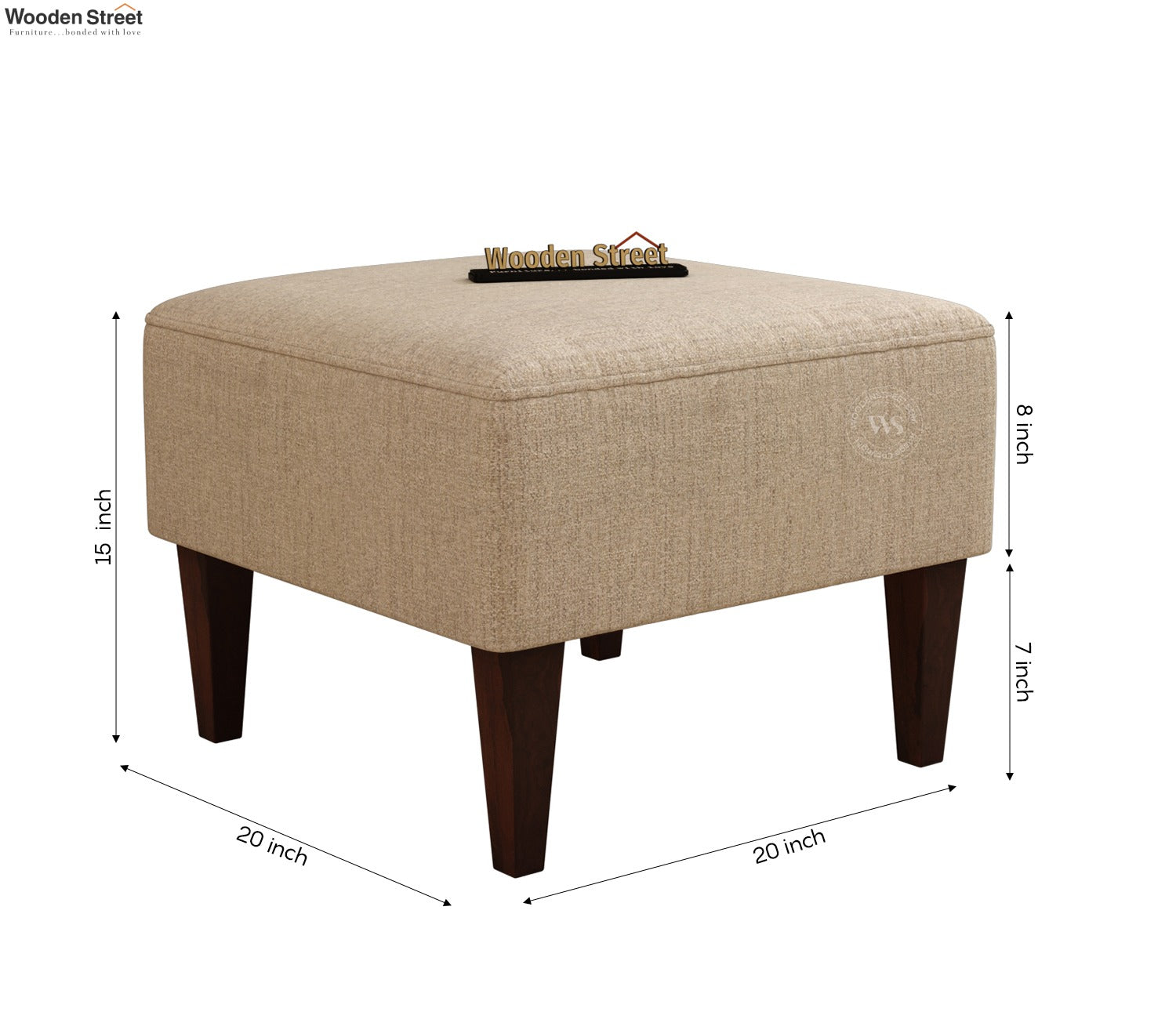 Minerva Premium Upholstered Ottoman Stool With Wooden Legs (Jade Ivory, Walnut Finish)