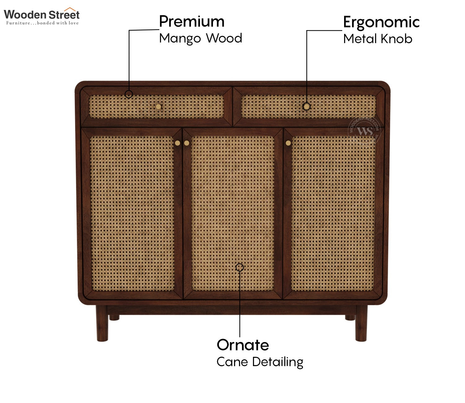 Dashlet Premium Solid Wood Shoe Cabinet With Cane Detailing (Mango Wood, Teak Finish)