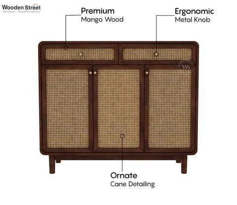 Dashlet Premium Solid Wood Shoe Cabinet With Cane Detailing (Mango Wood, Teak Finish)