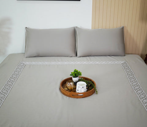 Square Embroidery 300 TC Flat Pure Cotton King Size Bedsheet With 2 Pillow Covers (Grey)