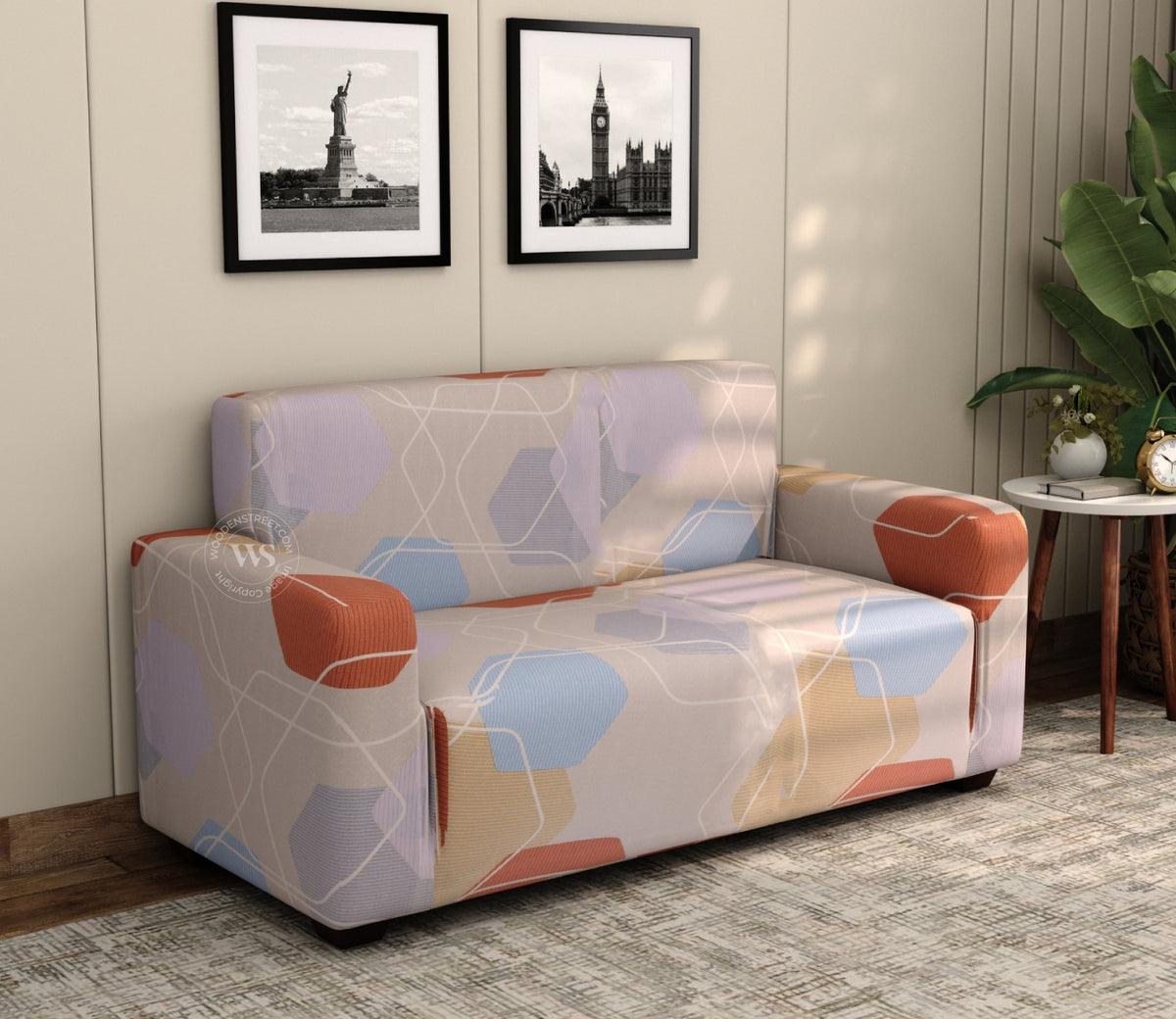 Agnus Modern Abstract Printed Polyester Spandex 2 Seater Sofa Cover (Multi Colour)