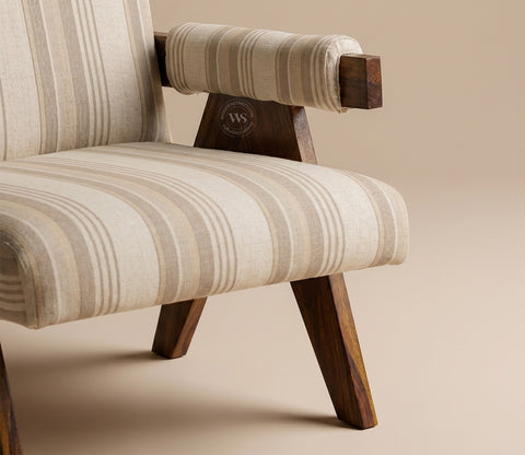 Troupe Sheesham Wood Chandigarh Chair with Premium Upholstery (Cream Stripes, Teak Finish)