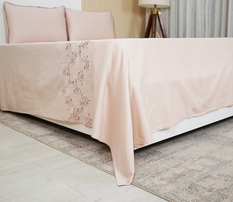 Floral Embroidery 300 TC Flat Pure Cotton King Size Bedsheet With 2 Pillow Covers (Pink)