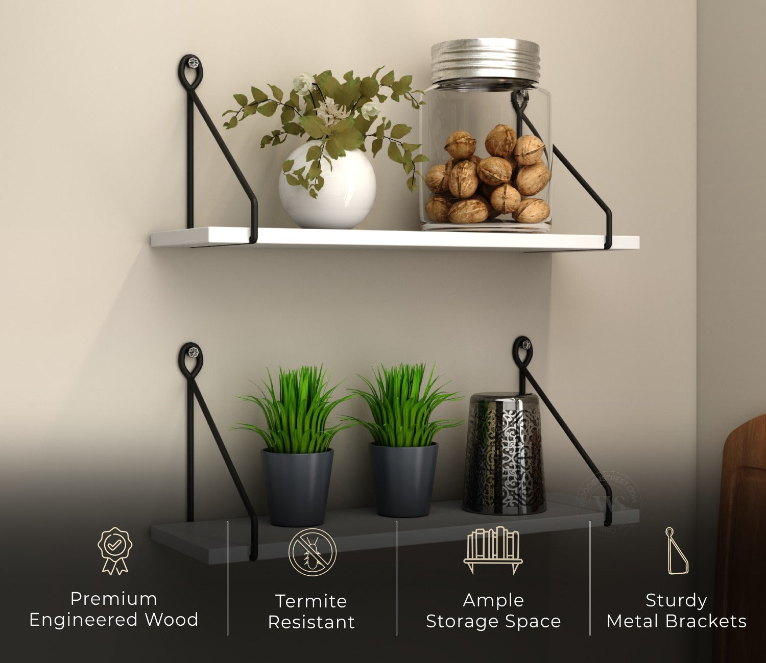 Luna Hanging Wall Shelf, Metallic Black & White Combination Wall Mounted Shelves for Living Room/Bedroom - Set of 2 (Frosty White)
