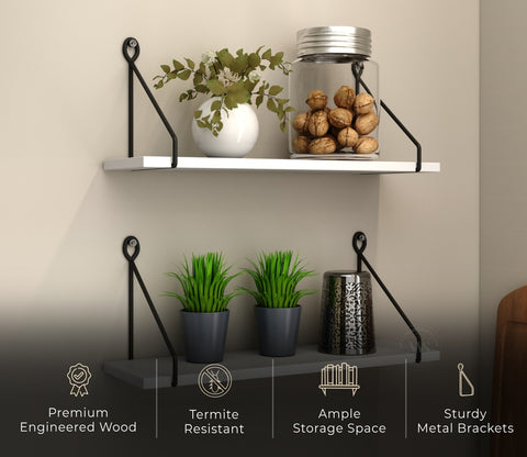 Luna Hanging Wall Shelf, Metallic Black & White Combination Wall Mounted Shelves for Living Room/Bedroom - Set of 2 (Frosty White)