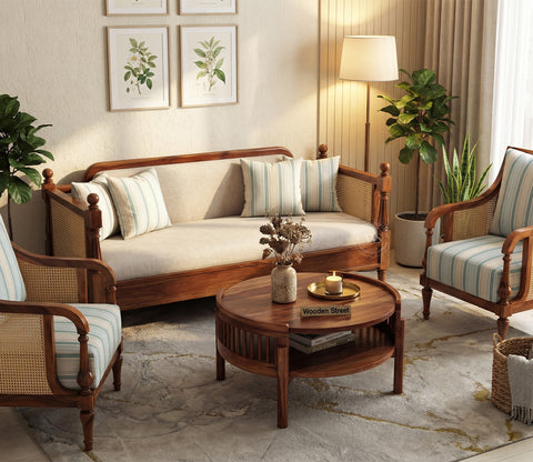 Dyuti Sheesham Wood and Cane Divan Bed with Jade Ivory Mattress (Teak Finish)