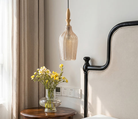 Miera Hanging Pendant Light with Carved Glass Shade (Amber)