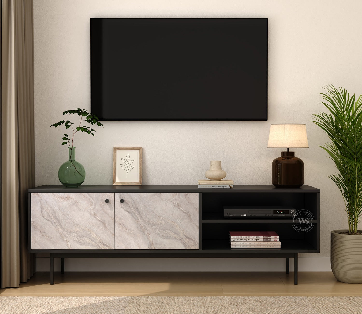 Orbis Modern Black TV Cabinet & Sideboard with Textured Front & Metal Base (Engineered Wood, Marble Pattern)