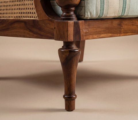 Eterna Sheesham Wood Lounge Chair With Premium Upholstery & Cane Detailing (Teak Finish)