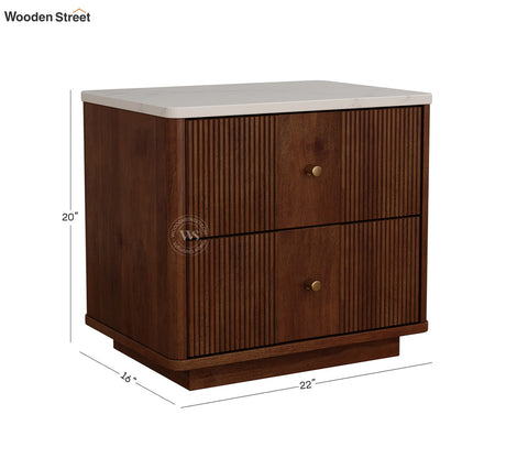 Kesarth Mango Wood Bedside Table with Marble Top & Storage (Teak Finish)