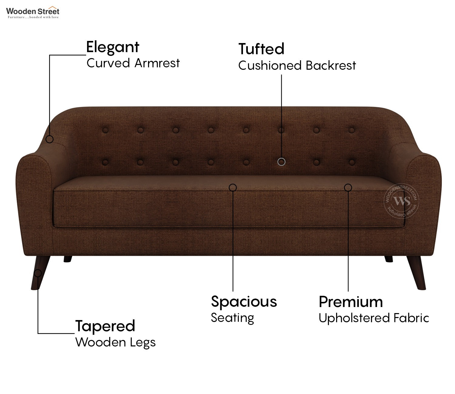 Sibert 3 Seater Fabric Sofa (Mocha Brown)