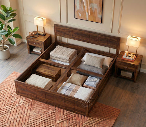 Brixton Sheesham Wood Bed With Box Storage (King Size, Walnut Finish)