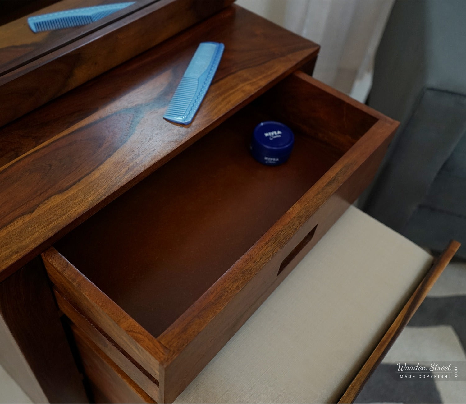 Adolph Dressing Table With Storage Stool (Honey Finish)