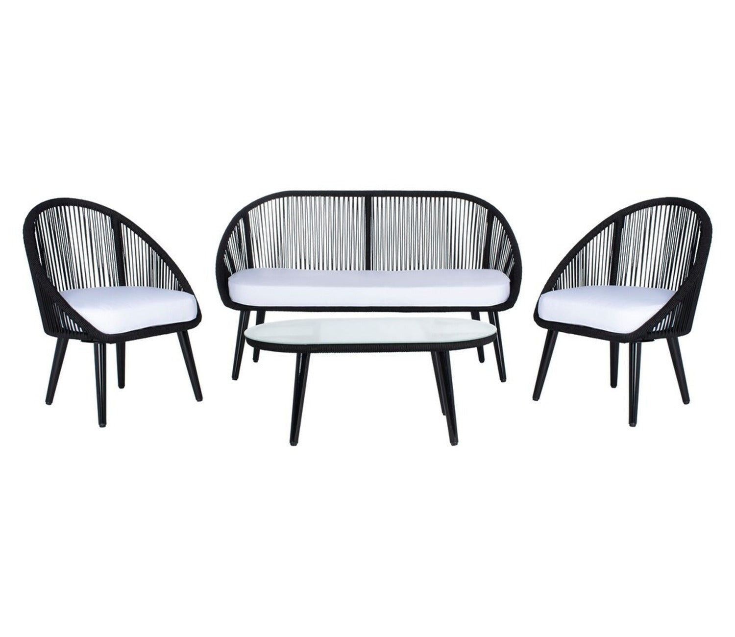 Black Rope 4 Seater Sofa With Table And White Cushions Patio Set