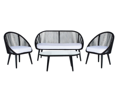 Black Rope 4 Seater Sofa With Table And White Cushions Patio Set