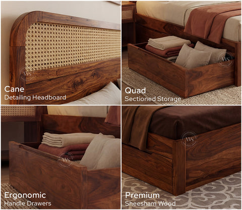 Balikos Sheesham Wood Bed with Drawer Storage and Cane Detailing (King Size, Teak Finish)