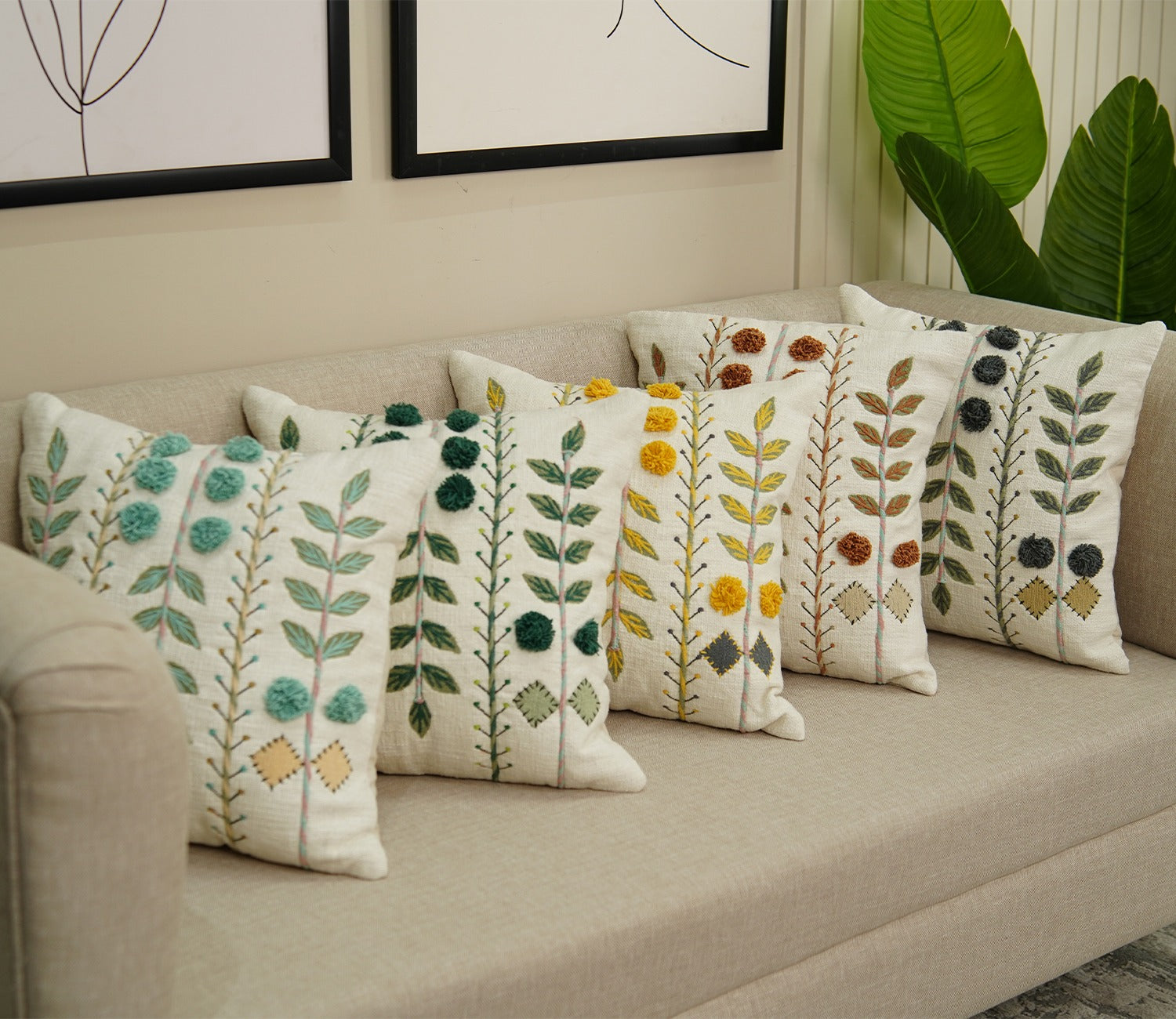 Embroidered Cotton Cushion Covers Set of 2 (Brown,18 x 18 inch)
