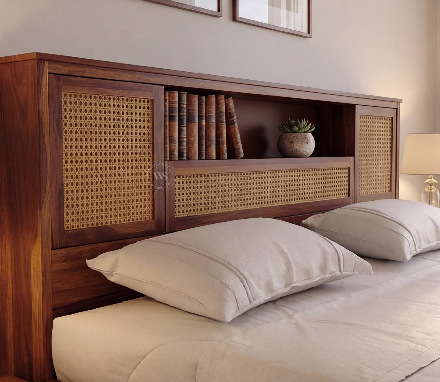 Ferguson Sheesham Wood Bed with Hydraulic Storage and Cane Detailing (King Size, Teak Finish)