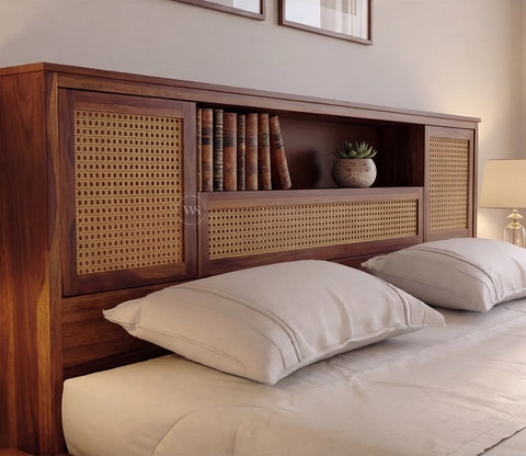 Ferguson Sheesham Wood Bed with Hydraulic Storage and Cane Detailing (King Size, Teak Finish)