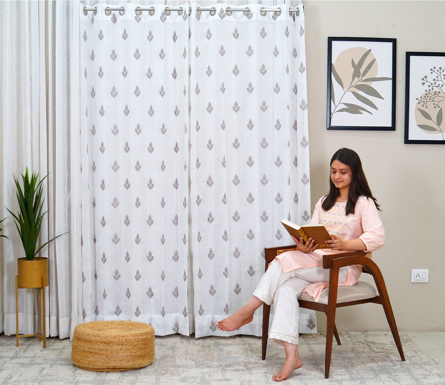 Tri Motifs Sheer Door Curtains Set of 2 (Grey, 7 Feet)