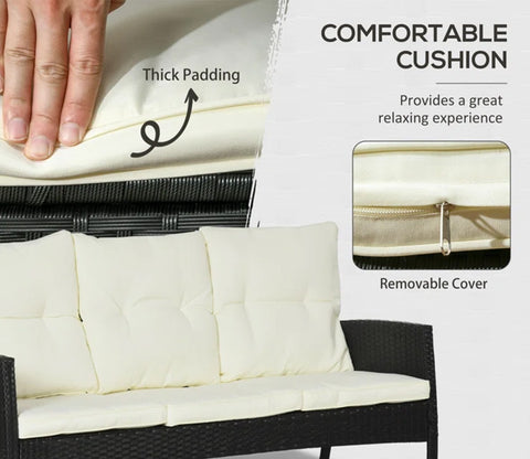 Black Rattan And Wicker Outdoor Sofa Set With Off White Cushions And Table