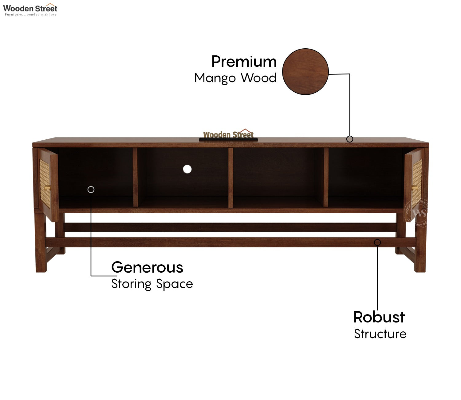 Imperio Premium Solid Wood TV Unit With Cane Door Cabinets & Open Shelves (Mango Wood, Honey Finish)