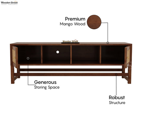 Imperio Premium Solid Wood TV Unit With Cane Door Cabinets & Open Shelves (Mango Wood, Honey Finish)