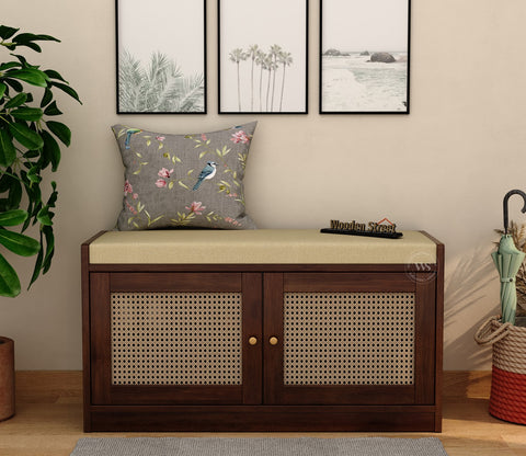 Bockle Premium Solid Wood Shoe Rack With Cane Work & Cushioned Seating (Mango Wood, Teak Finish)