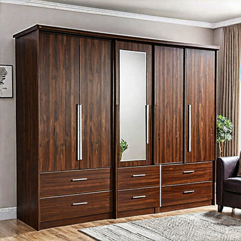 Trueliving  4 Door Sliding Brown wardrobe Laminated Finish & PU Finish with Drawers (6Ft *2Ft *9Ft -1828.8MM X 609MM X 2743.2MM)