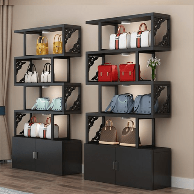 Trueliving Black Wood Cosmetic shelves retail store cosmetic display rack with cabinet  L60*W30*H182 CM