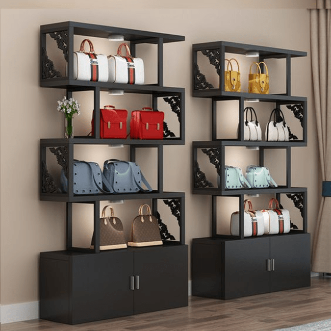 Trueliving Black Wood Cosmetic shelves retail store cosmetic display rack with cabinet  L60*W30*H182 CM