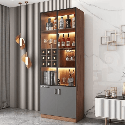 Trueliving Wood Grey Bar Cabinet With Half Glass Door ‎Standard (Between 20-40 In Width, 30-40 In Height)