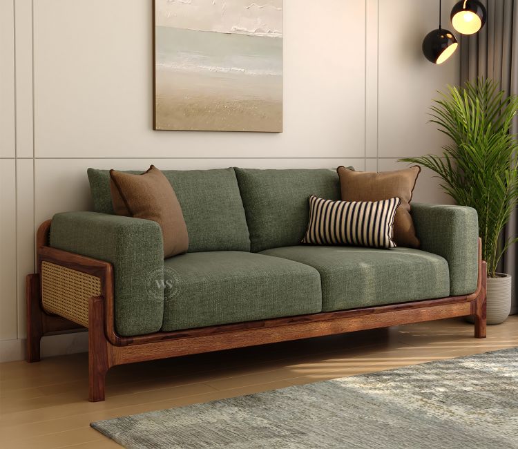 Aranyam Sheesham Wood 3 Seater Sofa with Cane Detailing (Sage Green)