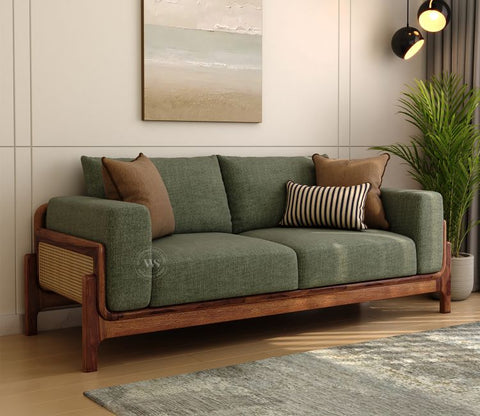 Aranyam Sheesham Wood 3 Seater Sofa with Cane Detailing (Sage Green)